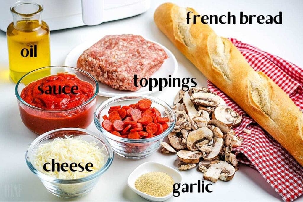 Ingredients to make French pizza bread in the air fryer with labels.