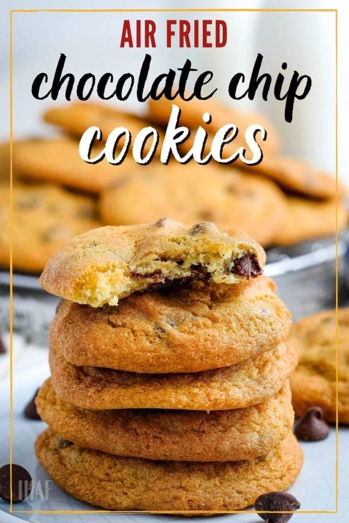 close up of a stack of air fried cookies with text overlay