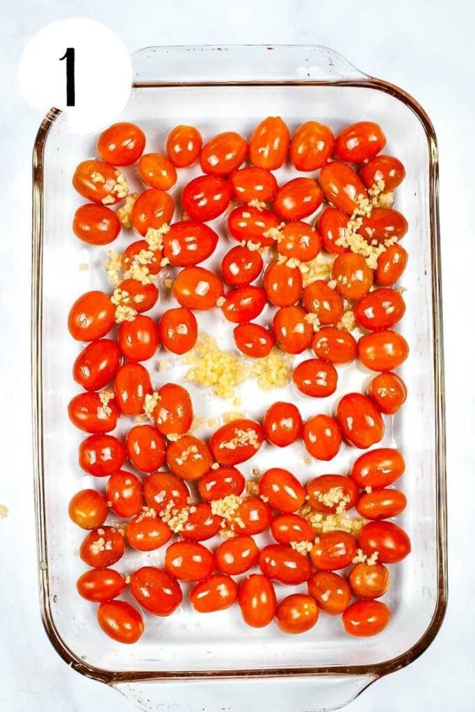 top view of cherry tomatoes in a glass baking dish