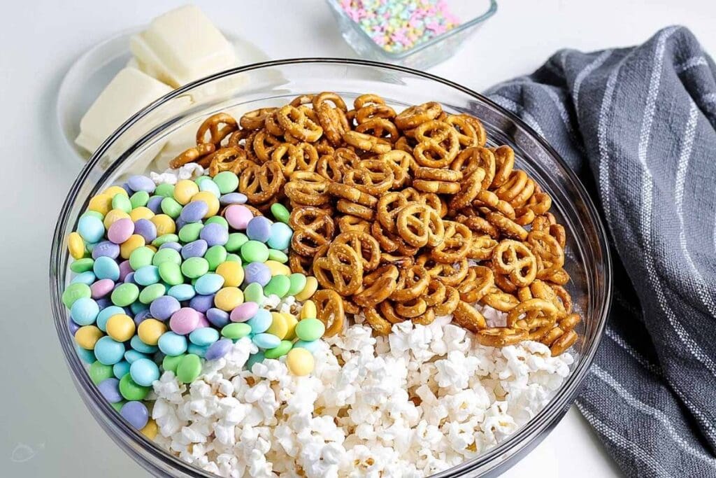 Clear glass bowl filled with popcorn, pretzel and candies with gray napkin.