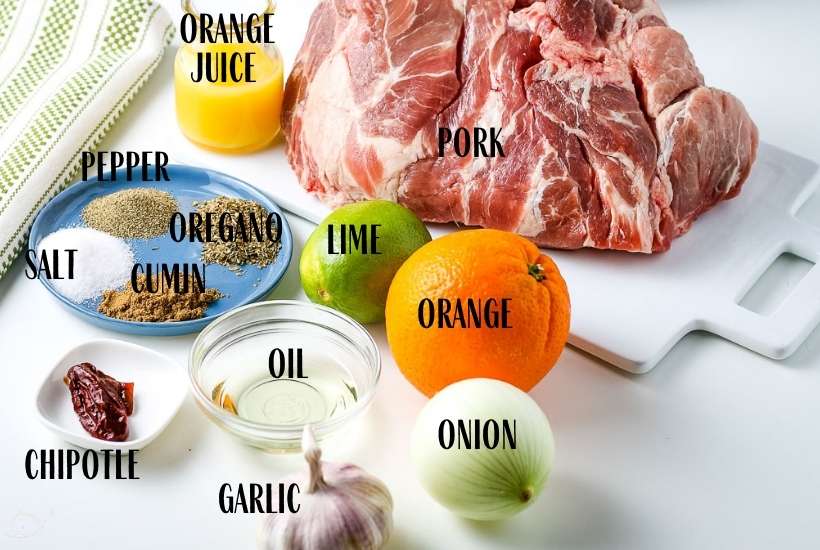 Ingredients to make slow cooker pork carnitas with text labels.