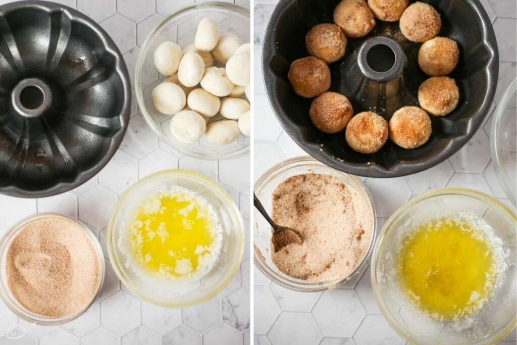 2 image collage showing how monkey bread is made with frozen dinner rolls