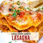 closeup view of slice of lasagna with graphic overlay