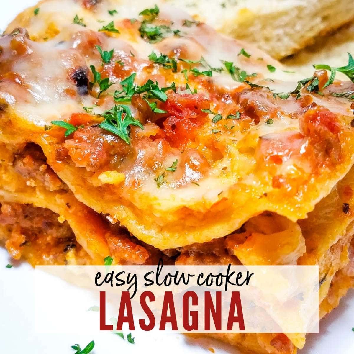 closeup view of slice of lasagna with graphic overlay