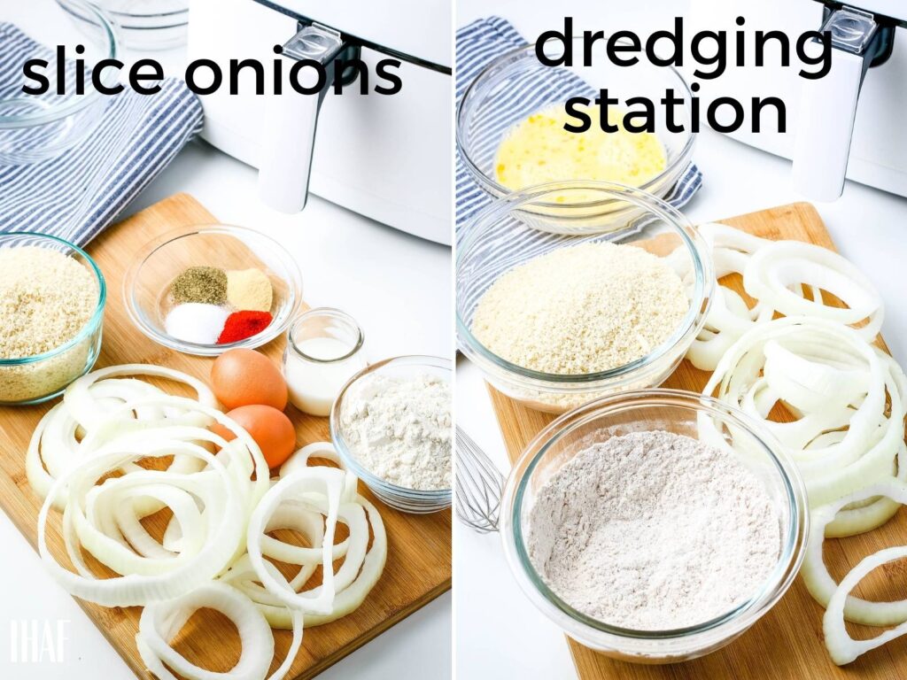 image 1 -onions that have been peeled and sliced next to other ingredients image 2 - dredging station with ingredients in glass bowls
