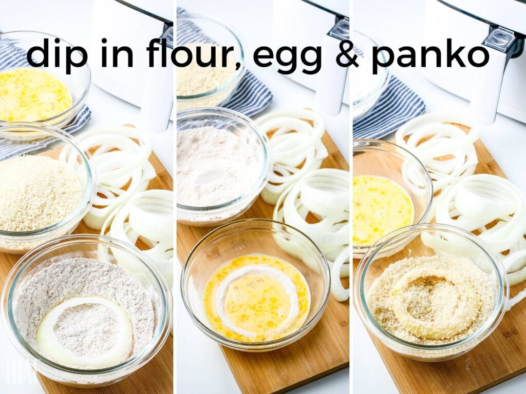 3 image collage showing how to dip onions into flour, egg, and panko crumbs