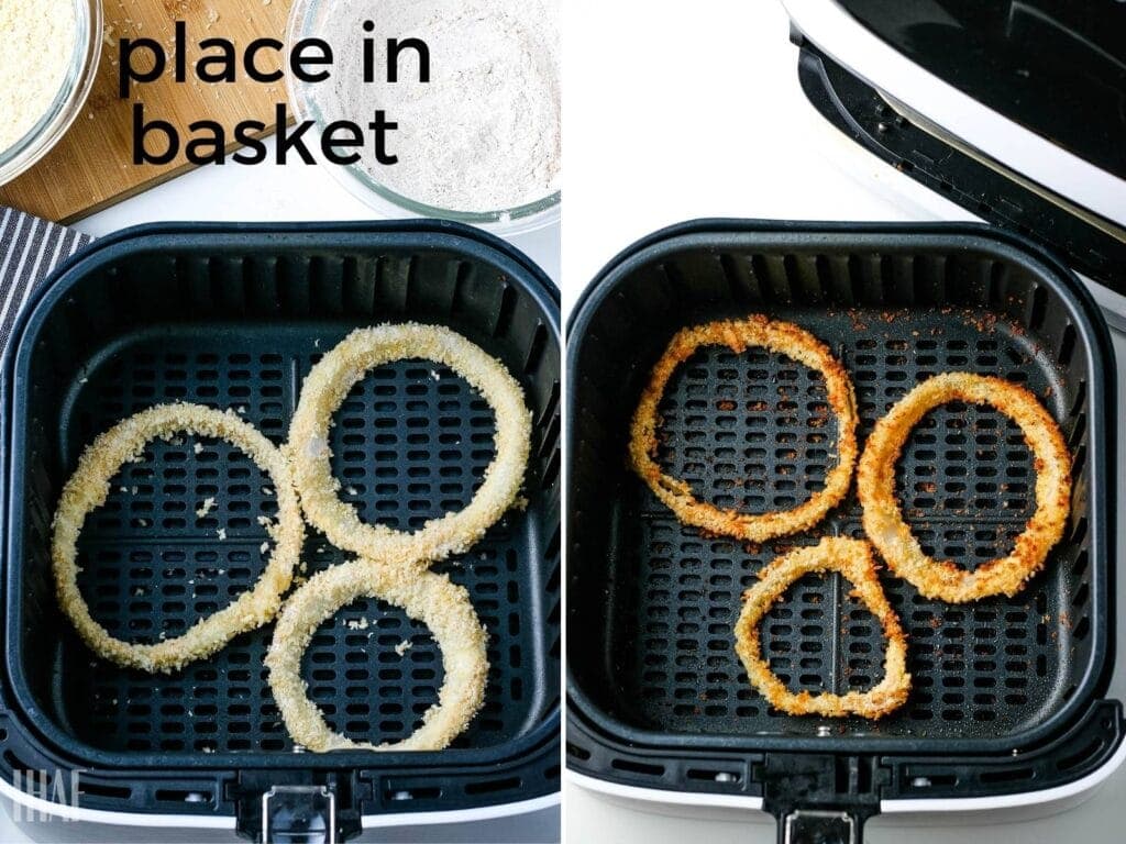 2 image collage showing air fried onion rings before and after