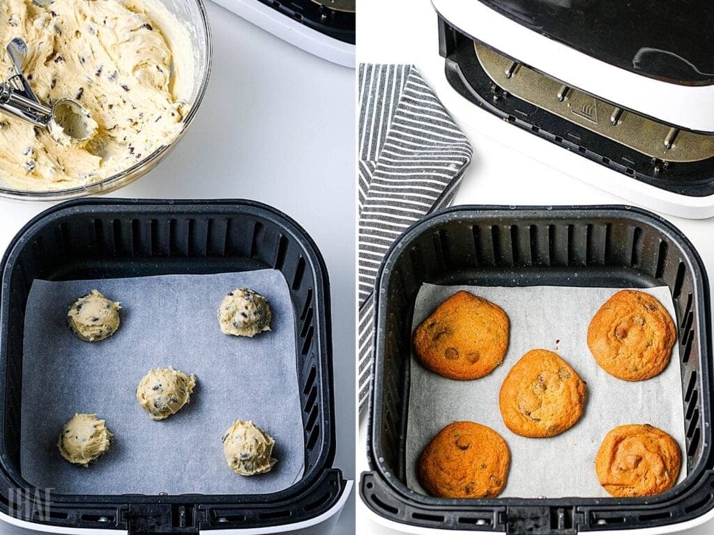 2 image collage, cookie dough balls in the air fryer basket, then after they have been cooked