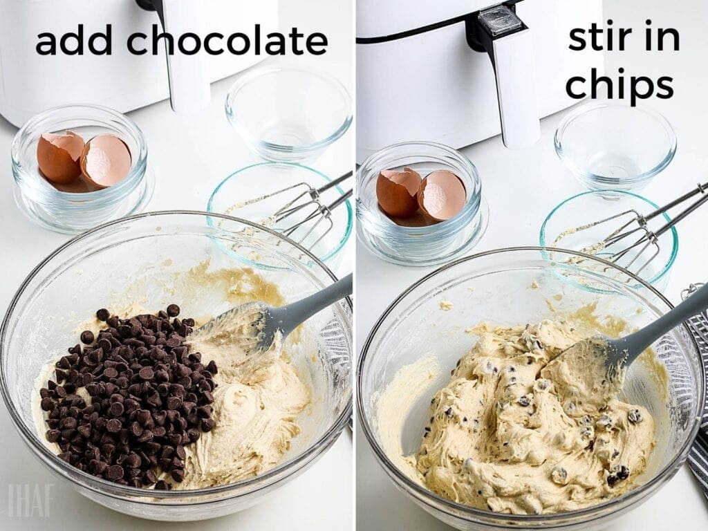 cookie dough in glass bowl with chocolate chips and the chips being stirred in