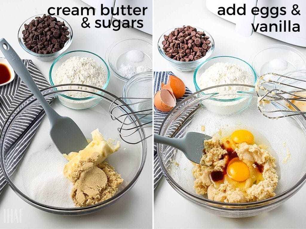 butter and brown sugar in a glass bowl, then egg and vanilla being added in