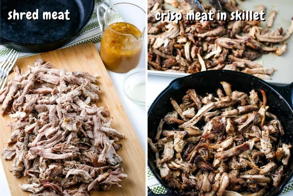 2 image collage showing pork being shredded and crisped in a skillet