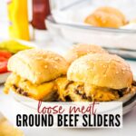 three loose meat sliders on a white plate with text overlay