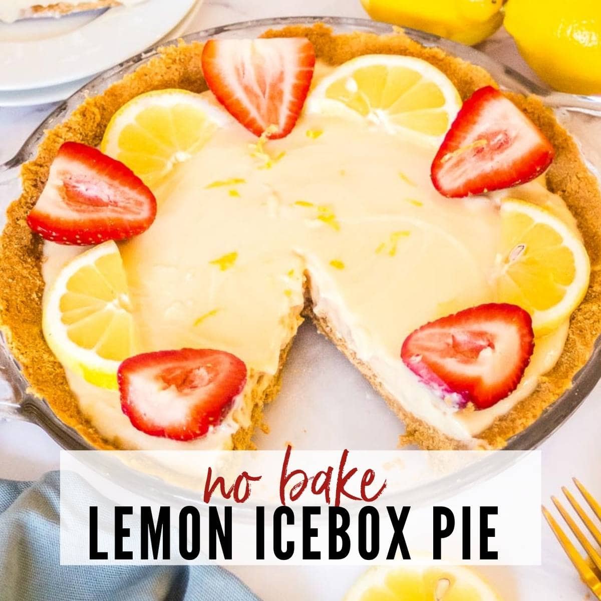 whole lemon icebox cake with a slice cut out with text overlay