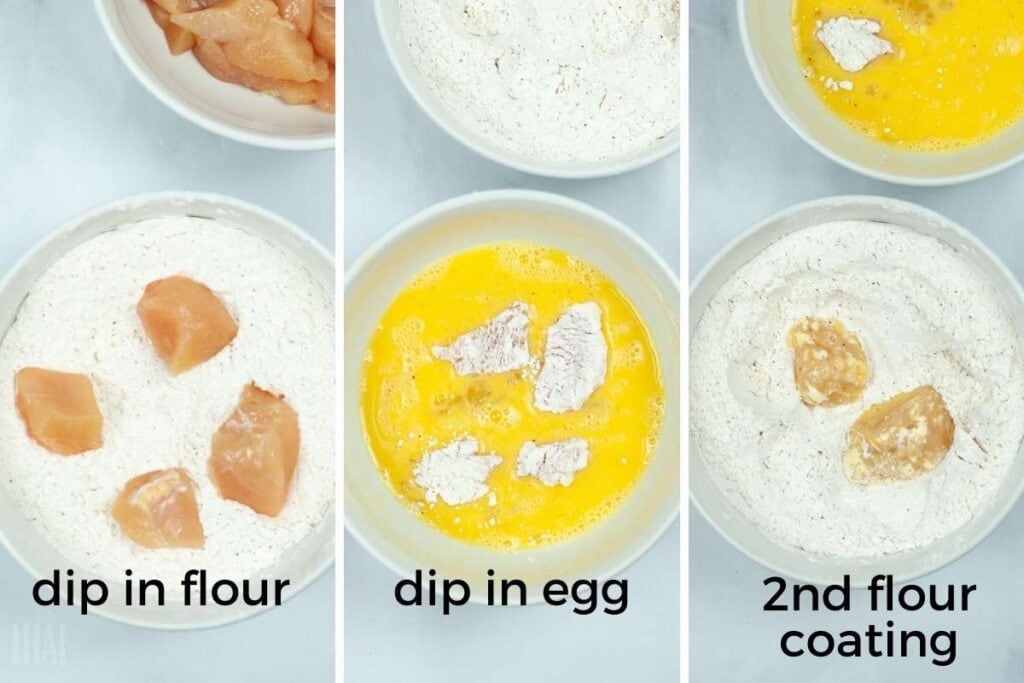 Three photo collage of the step by step dredging process to batter the chicken pieces for air fryer orange chicken.