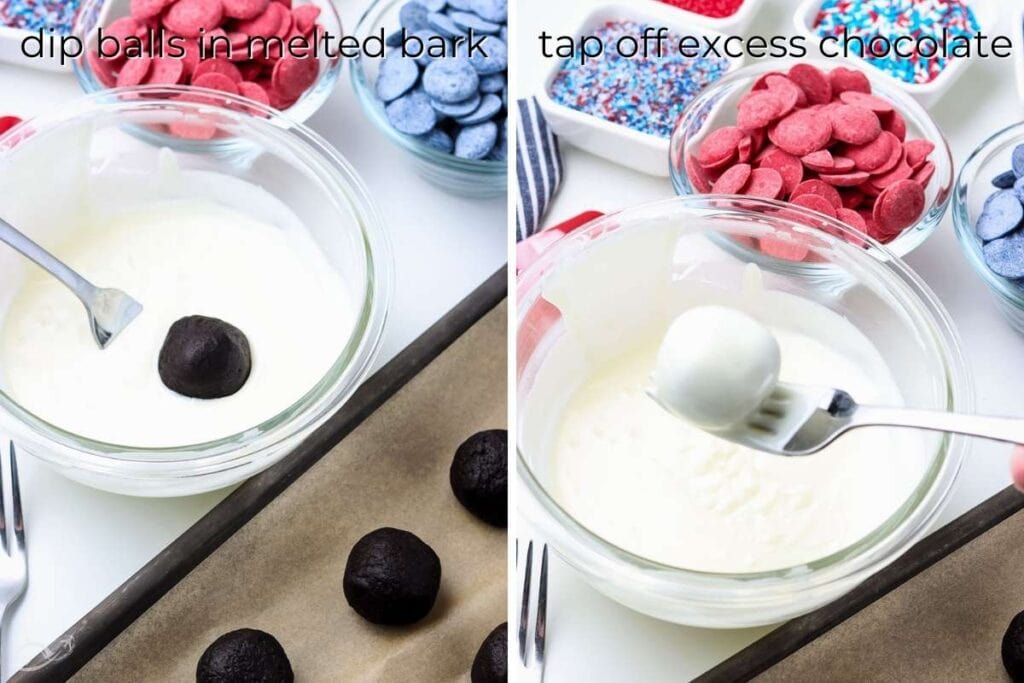 two image collage with the left showing an oreo ball being dipped into white chocolate the other is after it is fully coated