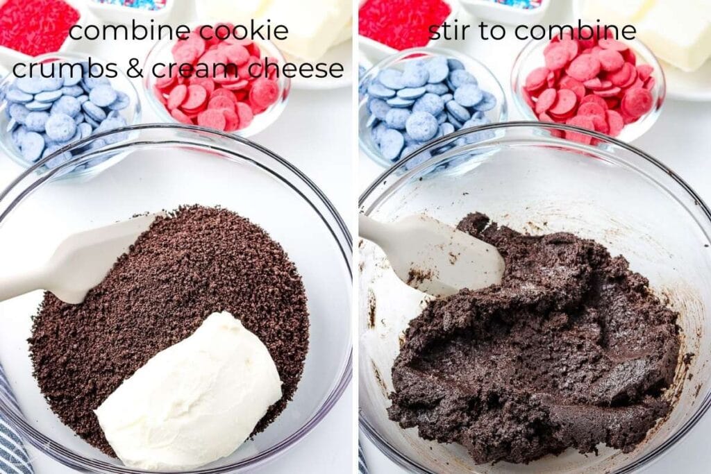 oreo crumbs in a glass bowl with block of cream cheese; in the right image shows the oreos and cream cheese mixed