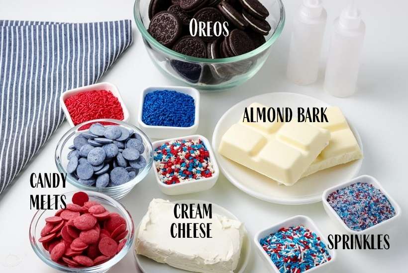 ingredients labeled to make red white and blue oreo balls