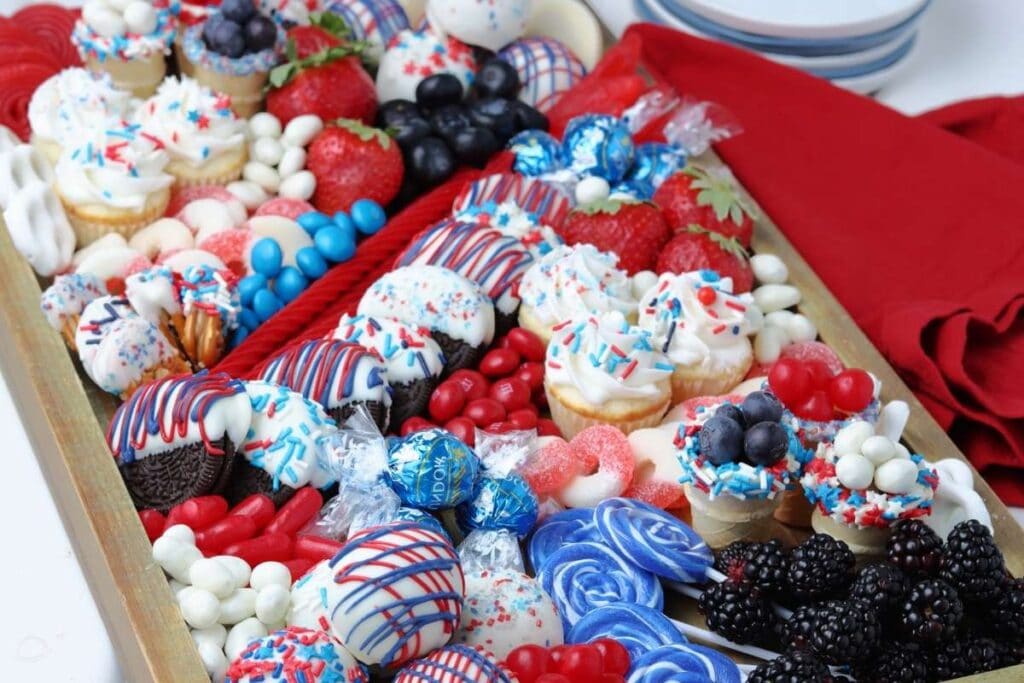 close up of red white and blue charcuterie board after it has been styled
