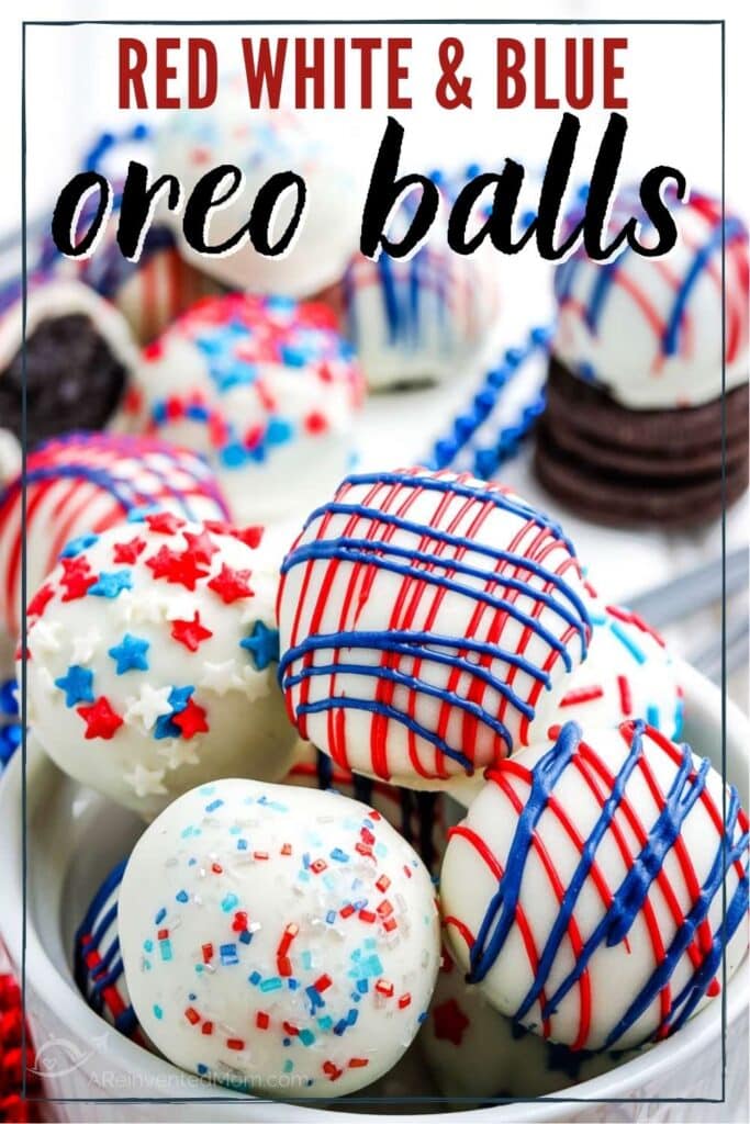 white chocolate dipped oreo balls with drizzled red and blue candy melts with text overlay