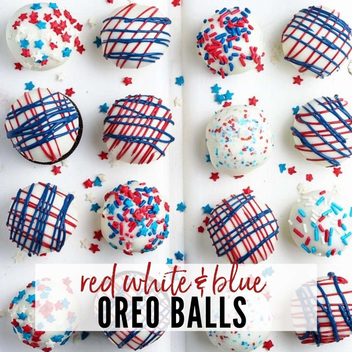 Red white and blue decorated oreo balls with text overlay.