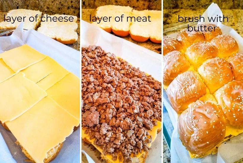 three image collage showing cheeseburger sliders being made with ground beef