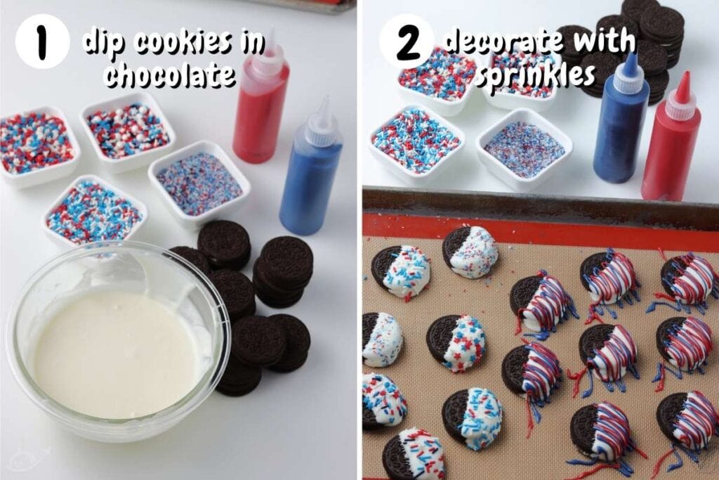 two image collage showing whole oreos being dipped into white chocolate and decorated with red and blue candy melts and sprinkles