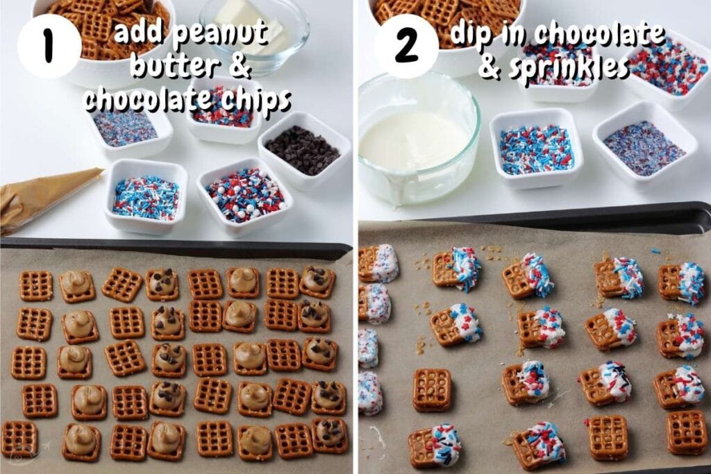 pretzels being filled with chocolate chips and peanut butter then dipped in white chocolate and sprinkles