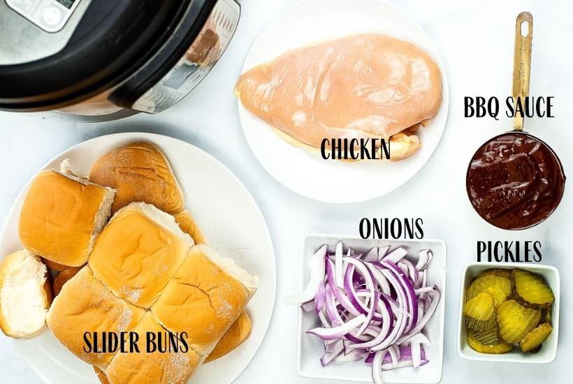 ingredients labeled for instant pot pulled bbq chicken including slider buns