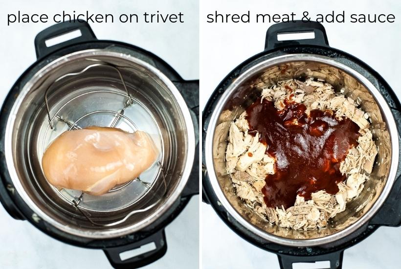 two image collage showing the chicken going in the instant pot and bbq sauce being added