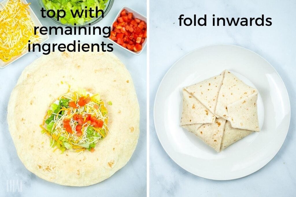 two image collage on the left adding the remaining toppings on the right after crunchwrap is folded