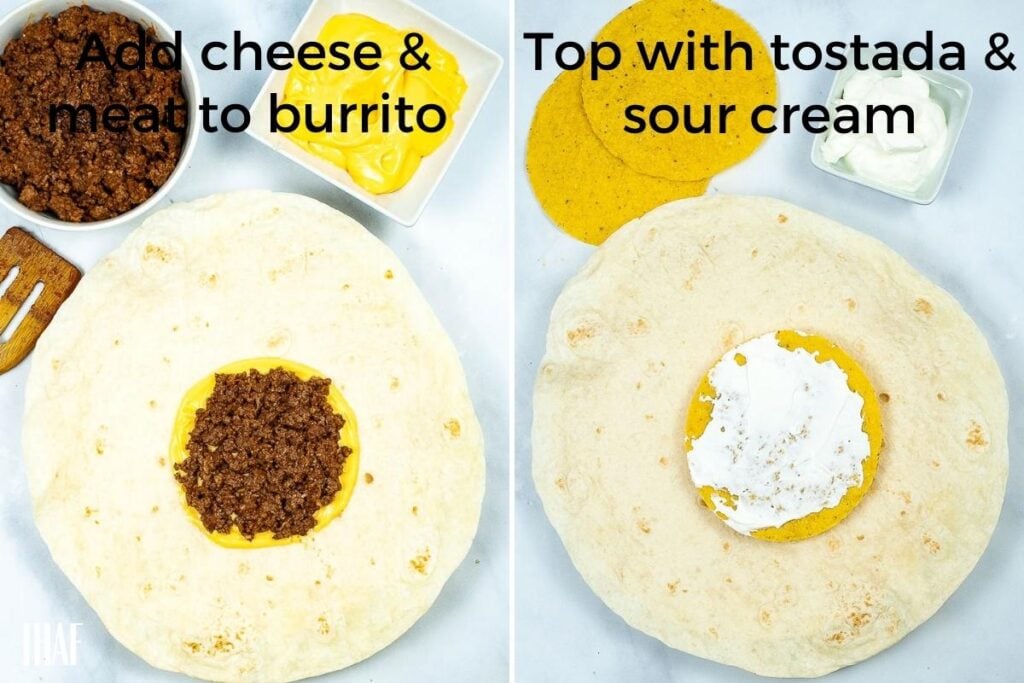 two image collage showing cheese and beef on the burrito and adding a tostada with sour cream
