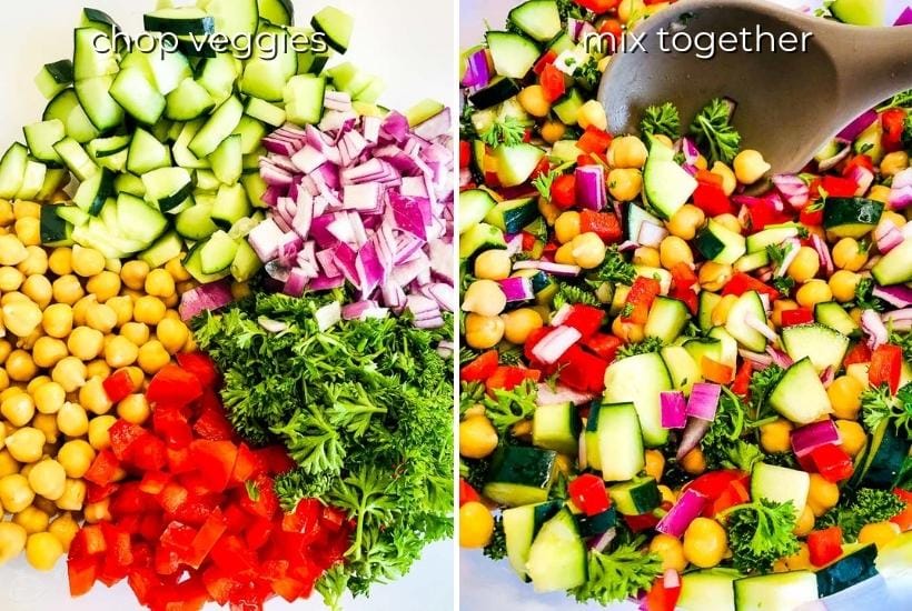 two image collage showing chopped veggies on one side and everything being mixed on the other