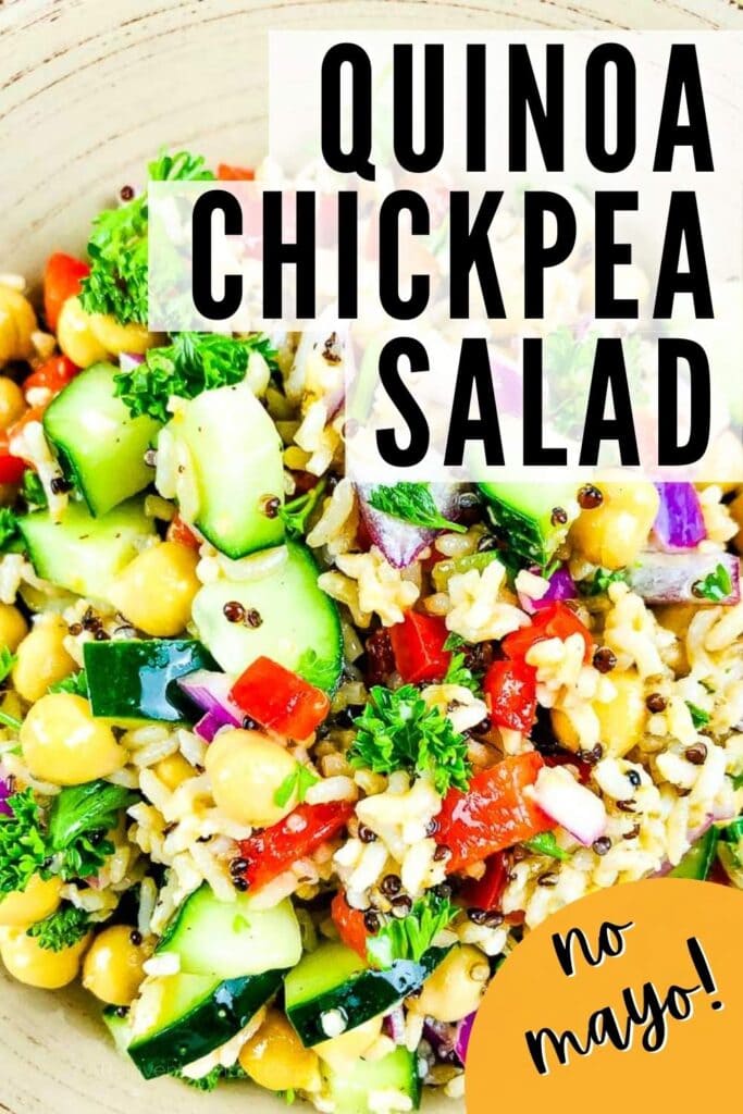 close up of quinoa chickpea salad with text overlay