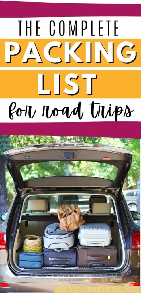 suitcases stacked in an open trunk with road trip packing list graphic overlay