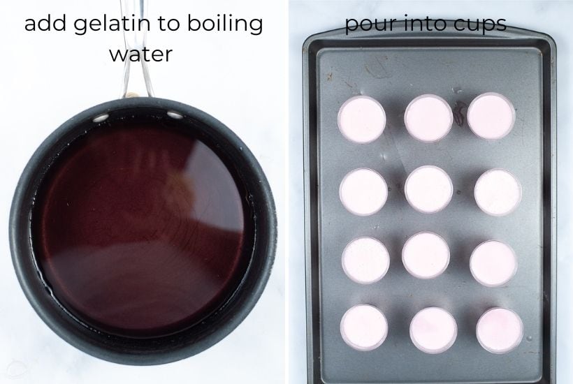 two image collage showing the gelatin added to water and being poured into shot cups