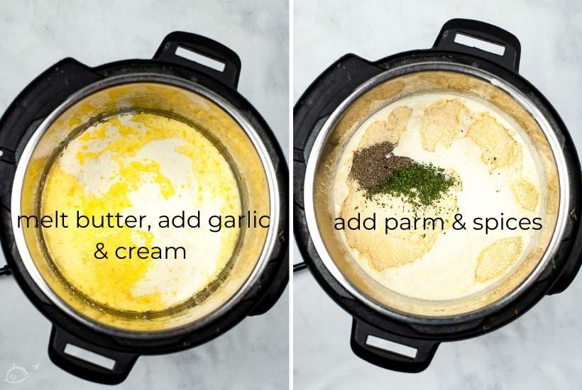 two image collage showing alfredo ingredients in the instant pot