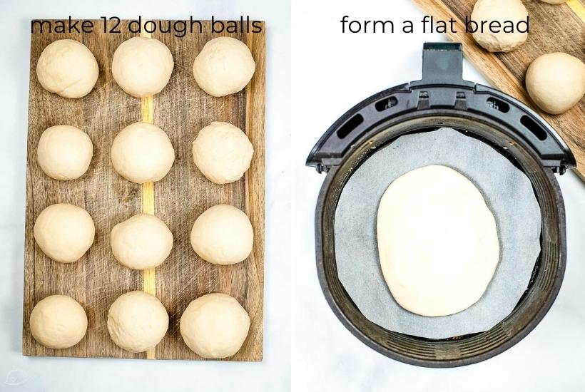two image collage showing the fry bread dough in balls and placing them in the air fryer