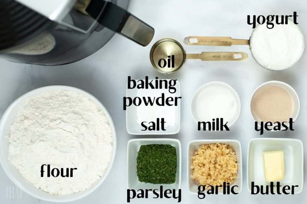 ingredients labeled next to air fryer for homemade naan bread