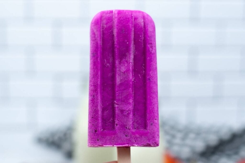 a homemade dragon fruit popsicle on wooden stick