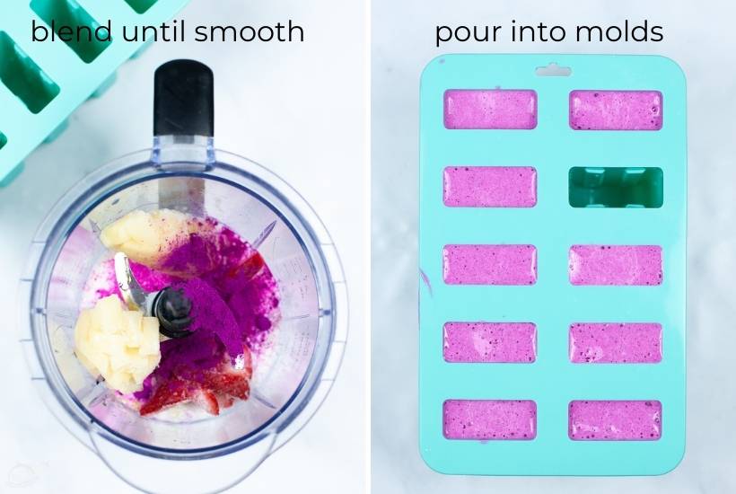 two image collage showing ingredients in the blender and being poured into popsicle molds