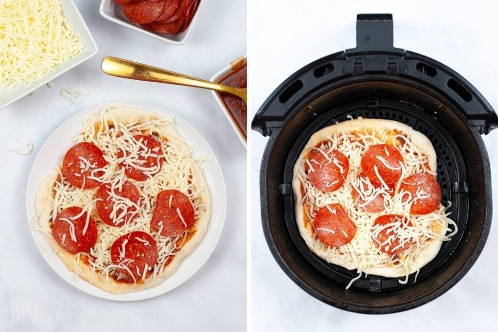 two image collage showing the naan pizzas being topped with pepperonis and cheese then placed in the air fryer