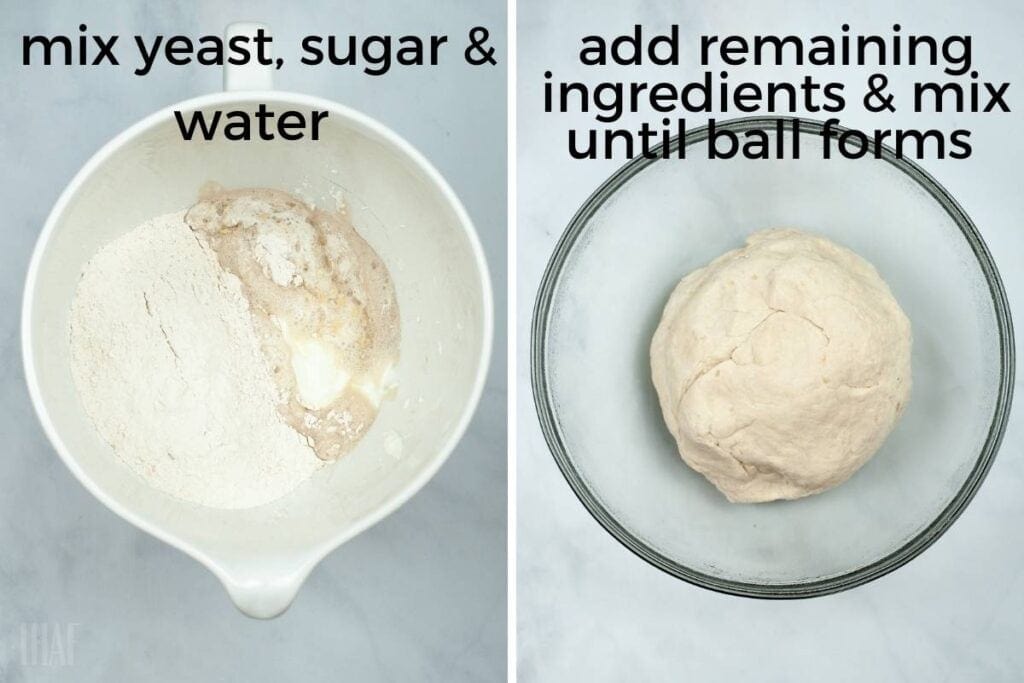 two image collage showing the bread ingredients in a bowl and after the dough ball forms