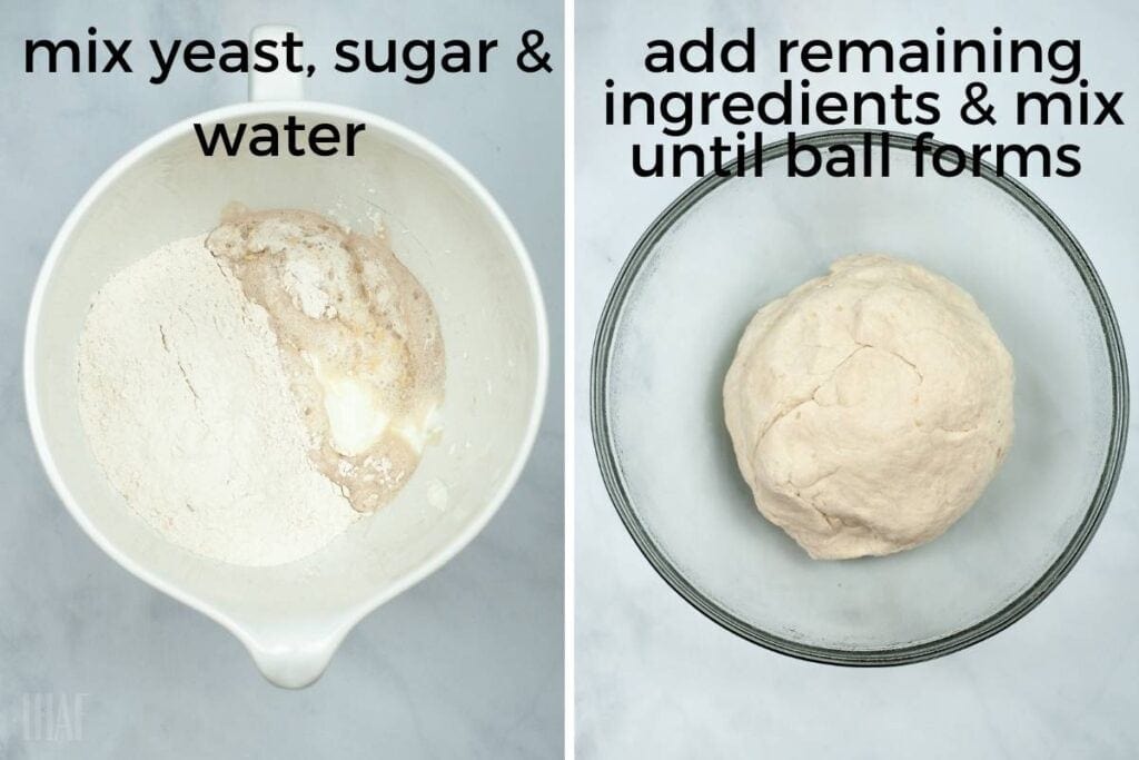 two image collage showing the bread ingredients in a bowl and after the dough ball forms