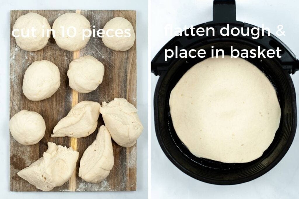 two image collage showing dough pieces before being flatten then the naan dough in the air fryer basket
