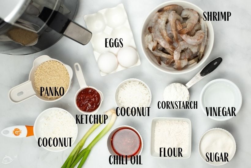 labeled ingredients to make coconut shrimp in the air fryer