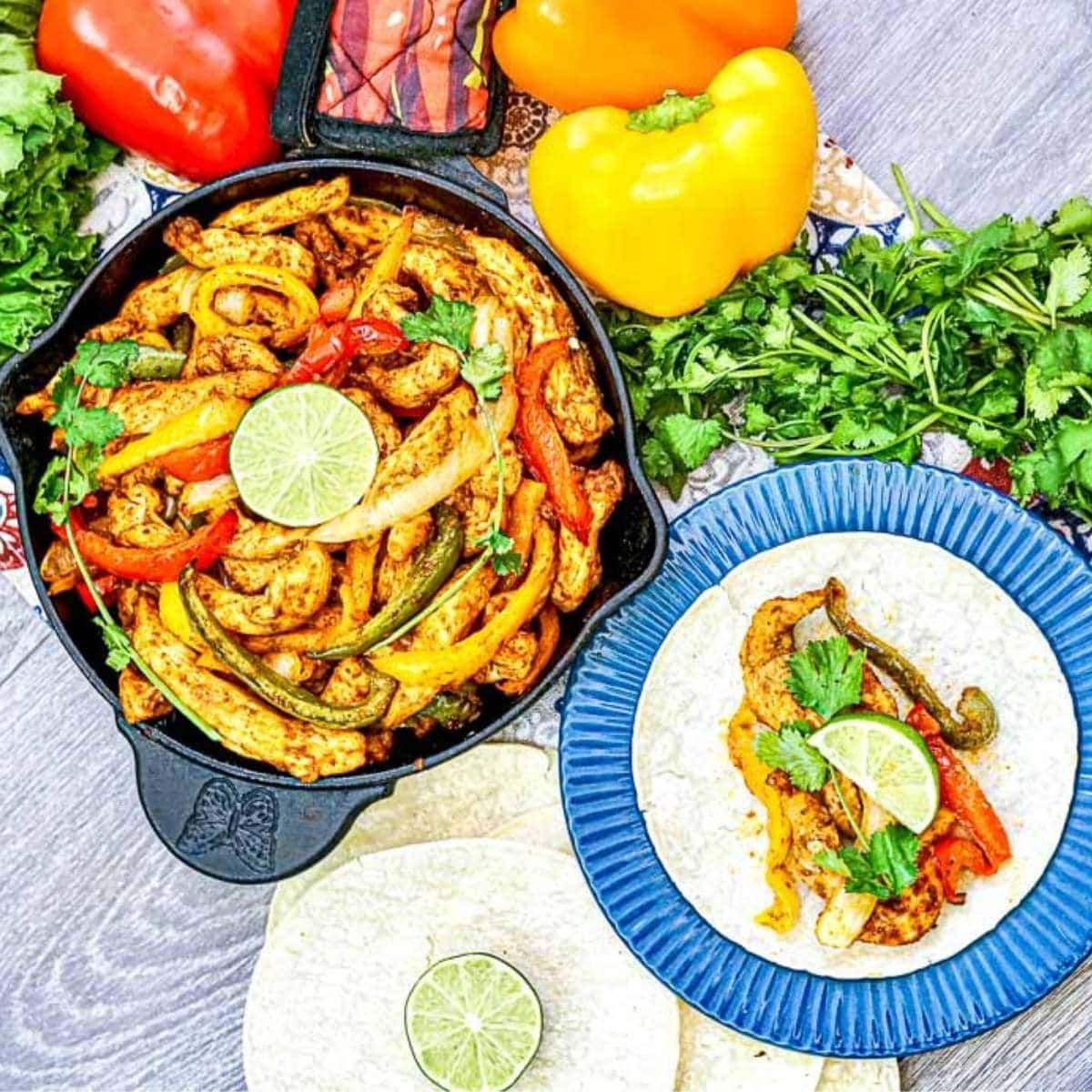 air fryer chicken fajitas next to plate with tortilla being made