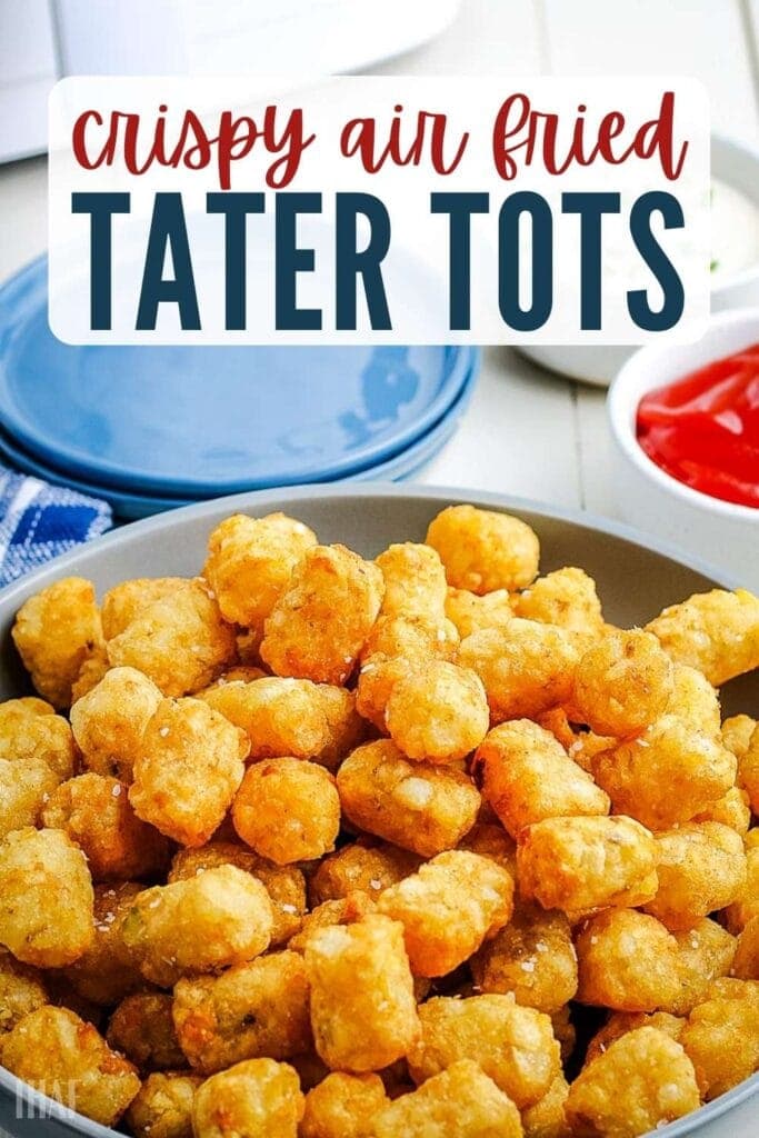 a plate of air fryer tater tots next to bowl of ketchup with text overlay