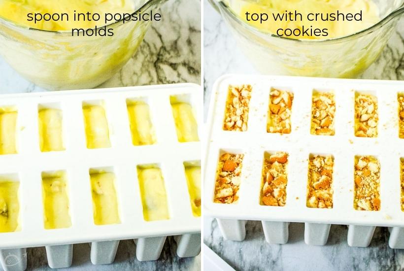 two image collage of pudding being placed in popsicle molds topped with cookies