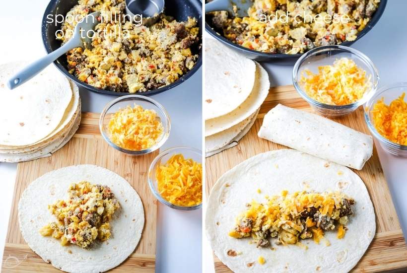 breakfast burrito mixture being added to flour tortillas before folding