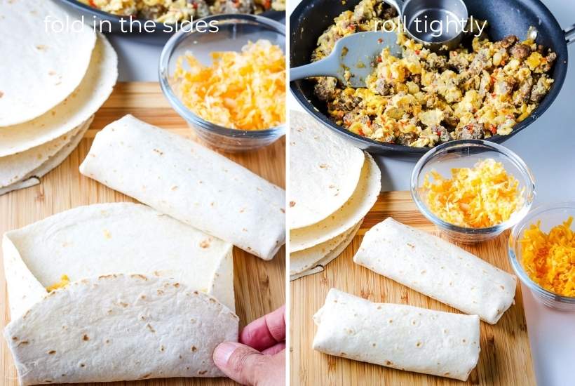 two images showing the breakfast burritos being folded